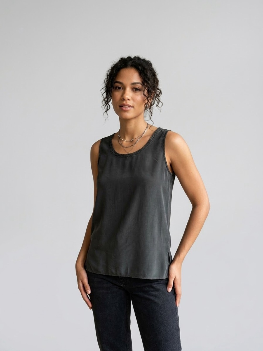Vintage Silk Land 100% Pure Silk Charcoal Tank Top M Braided Neck